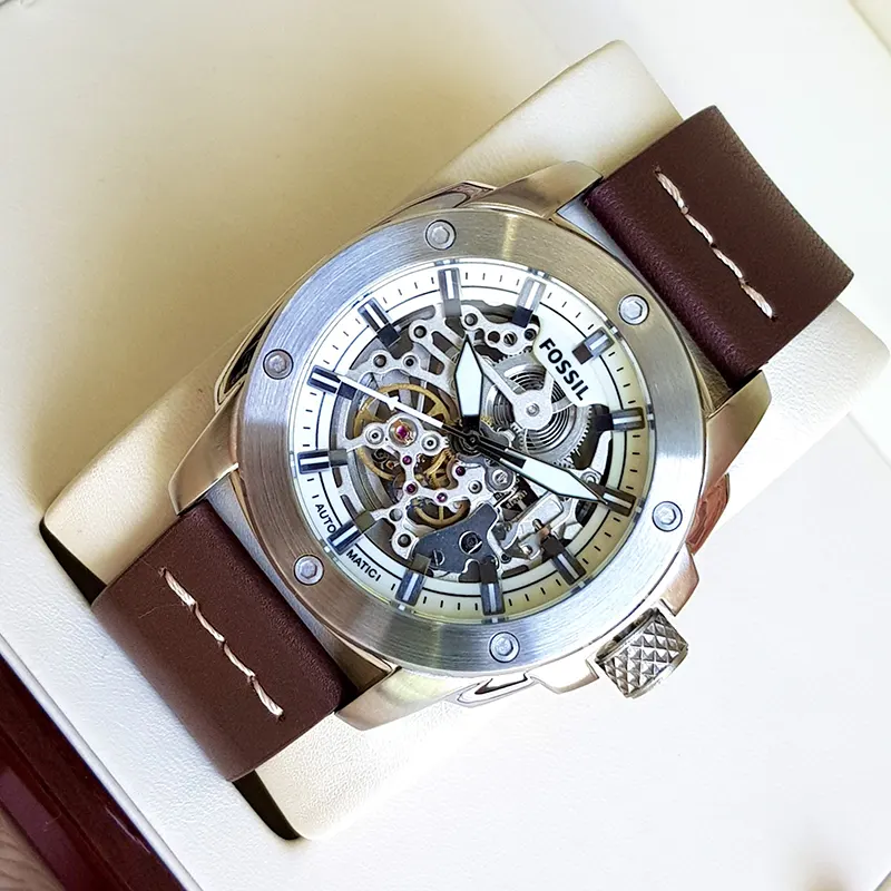 Fossil Modern Machine Automatic Skeleton Dial Brown Leather Men's